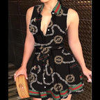 Chain Logo Print Collared Deep V-Neck Tie Waist Shirt Mini Dress