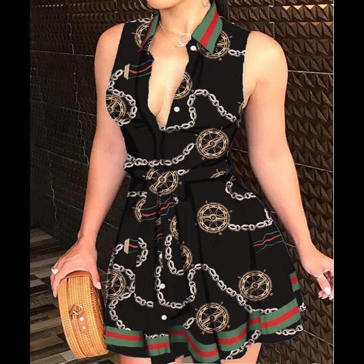Chain Logo Print Collared Deep V-Neck Tie Waist Shirt Mini Dress