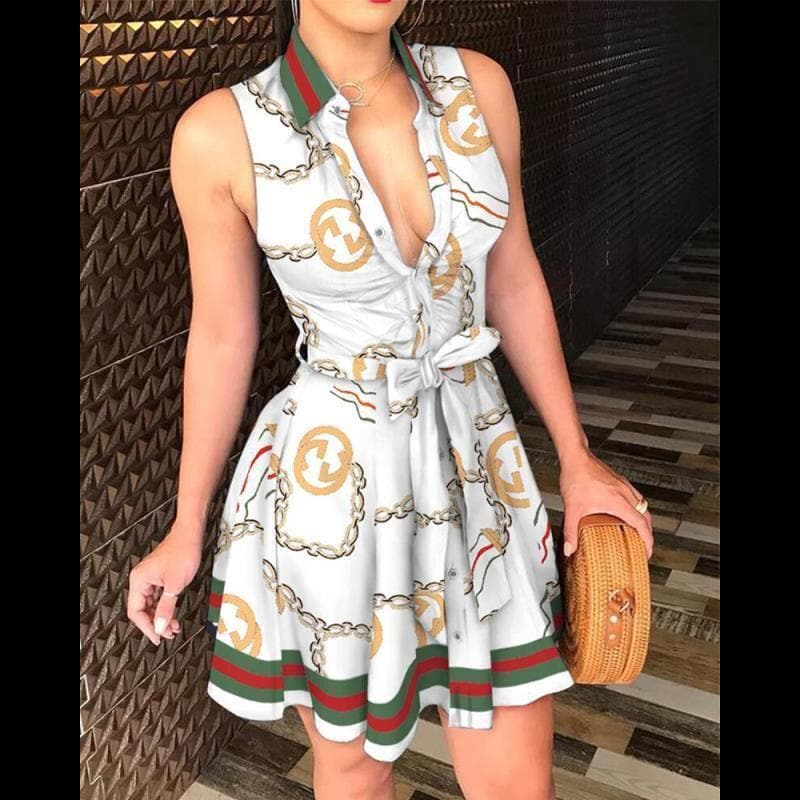 Chain Logo Print Collared Deep V-Neck Tie Waist Shirt Mini Dress
