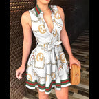 Chain Logo Print Collared Deep V-Neck Tie Waist Shirt Mini Dress