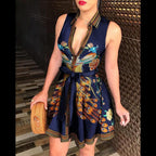Chain Logo Print Collared Deep V-Neck Tie Waist Shirt Mini Dress