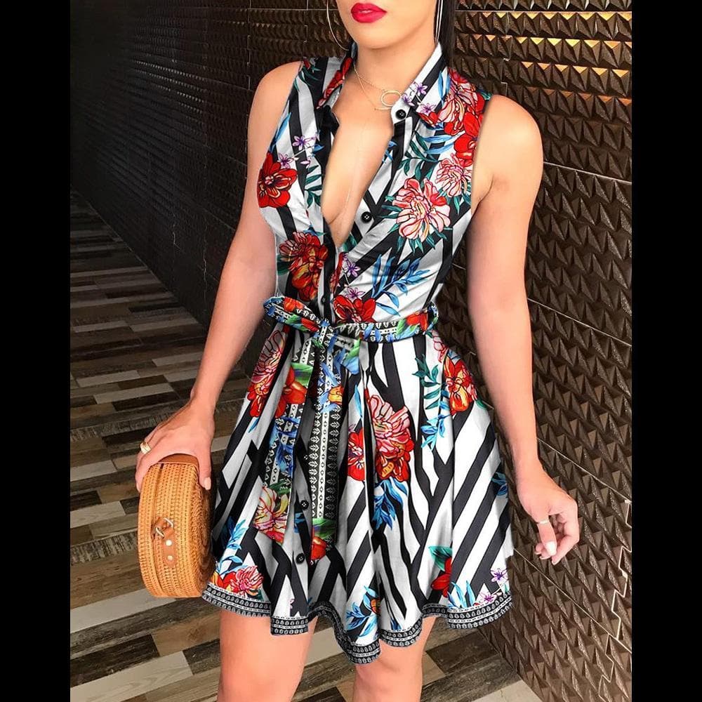 Chain Logo Print Collared Deep V-Neck Tie Waist Shirt Mini Dress