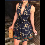 Chain Logo Print Collared Deep V-Neck Tie Waist Shirt Mini Dress