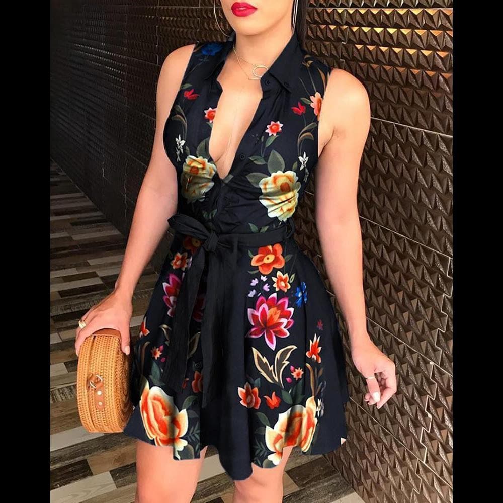 Chain Logo Print Collared Deep V-Neck Tie Waist Shirt Mini Dress