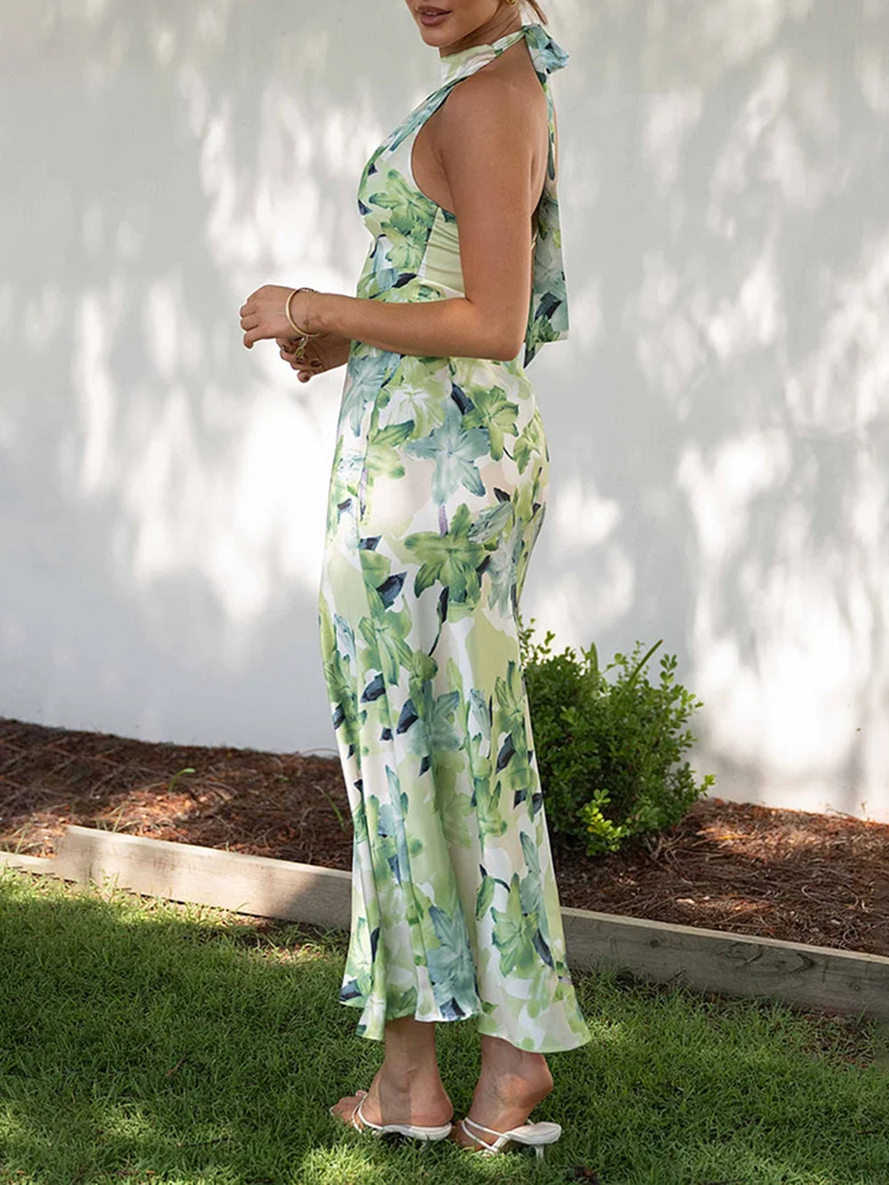 Floral Print Halter Neck Tie Back Satin Maxi Dress