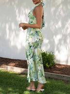 Floral Print Halter Neck Tie Back Satin Maxi Dress