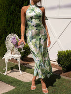 Floral Print Halter Neck Tie Back Satin Maxi Dress