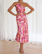 One Shoulder Floral Print Ruched Satin Flared Midi Dress