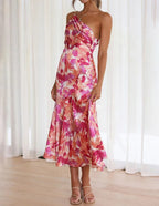 One Shoulder Floral Print Ruched Satin Flared Midi Dress