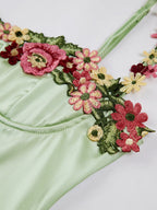 Floral Embroidered Bustier Spaghetti Strap Satin Column Maxi Gown