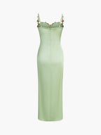 Floral Embroidered Bustier Spaghetti Strap Satin Column Maxi Gown