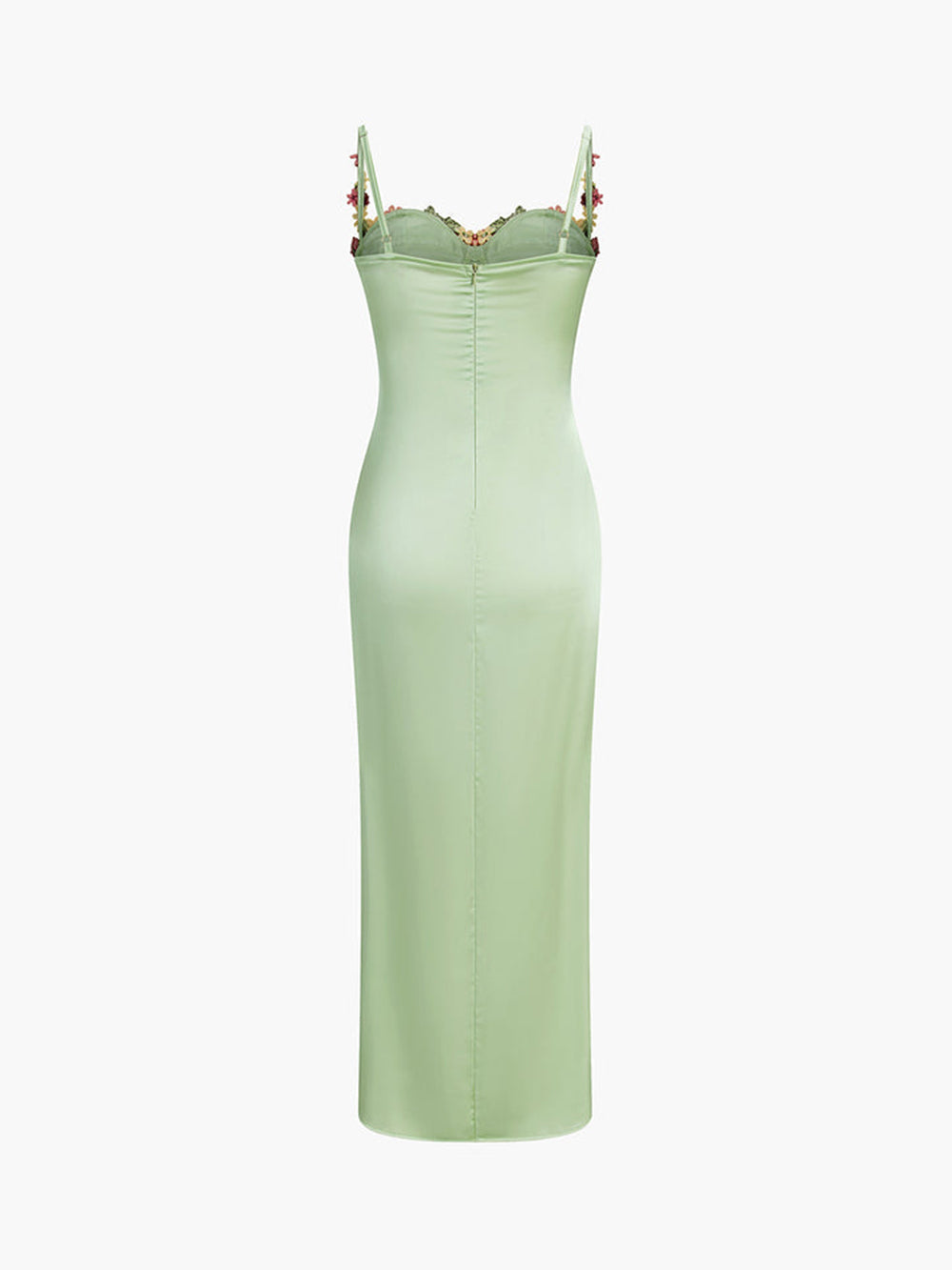 Floral Embroidered Bustier Spaghetti Strap Satin Column Maxi Gown