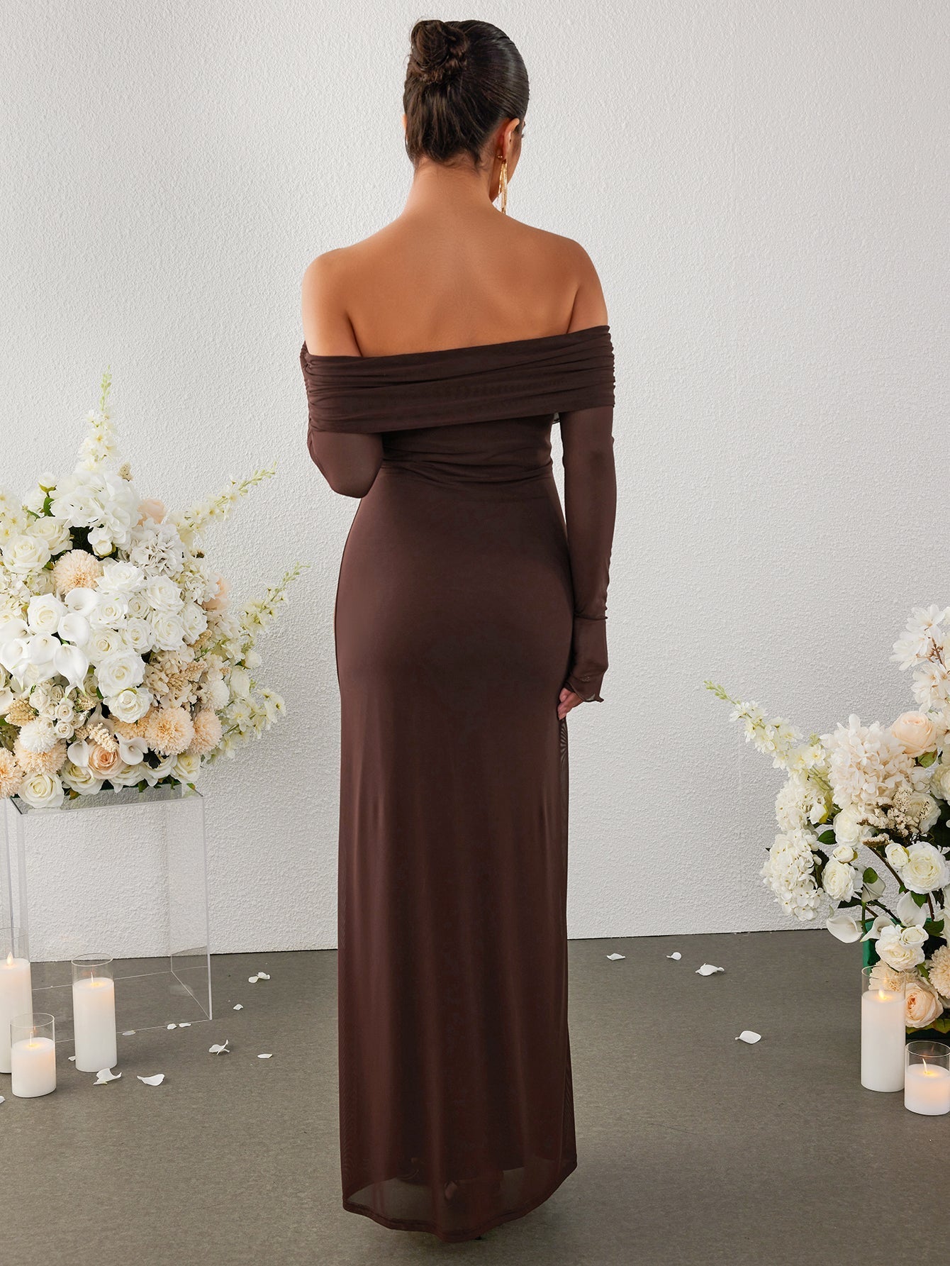 Flounce Sleeve Off Shoulder Mesh Bodycon Dress