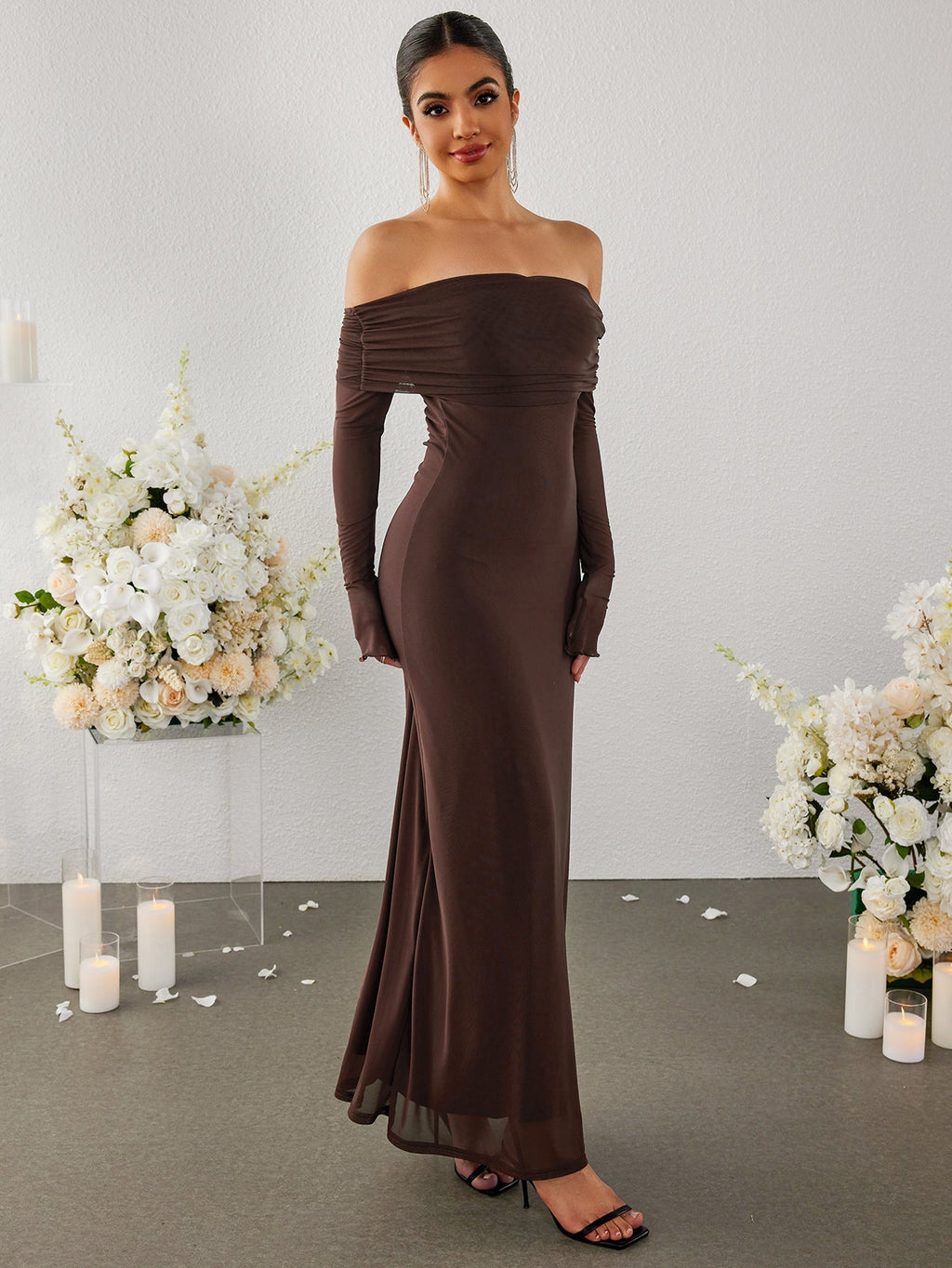 Flounce Sleeve Off Shoulder Mesh Bodycon Dress