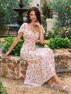 Flounce Sleeve Ruched Backless Floral Print Dress