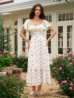 Flounce Sleeve Ruched Backless Floral Print Dress