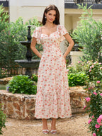 Flounce Sleeve Ruched Backless Floral Print Dress