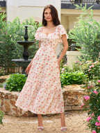 Flounce Sleeve Ruched Backless Floral Print Dress