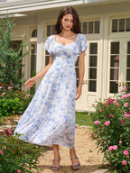 Flounce Sleeve Ruched Backless Floral Print Dress