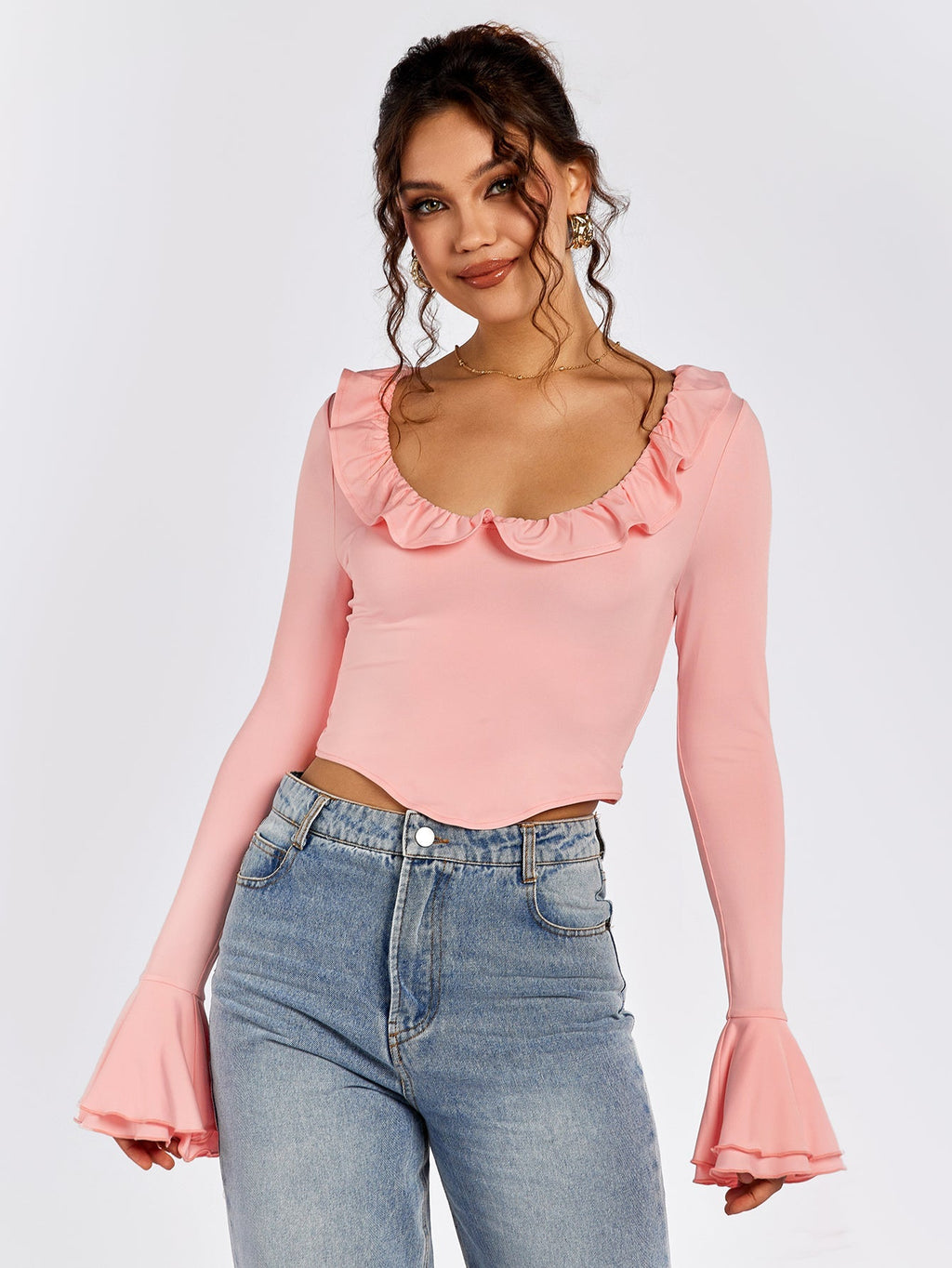 Flounce Sleeve Trim Tie Back Top