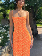 Ditsy Floral Print Spaghetti Strap Open Back Bodycon Maxi Dress