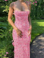 Ditsy Floral Print Spaghetti Strap Open Back Bodycon Maxi Dress