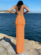 Ditsy Floral Print Spaghetti Strap Open Back Bodycon Maxi Dress
