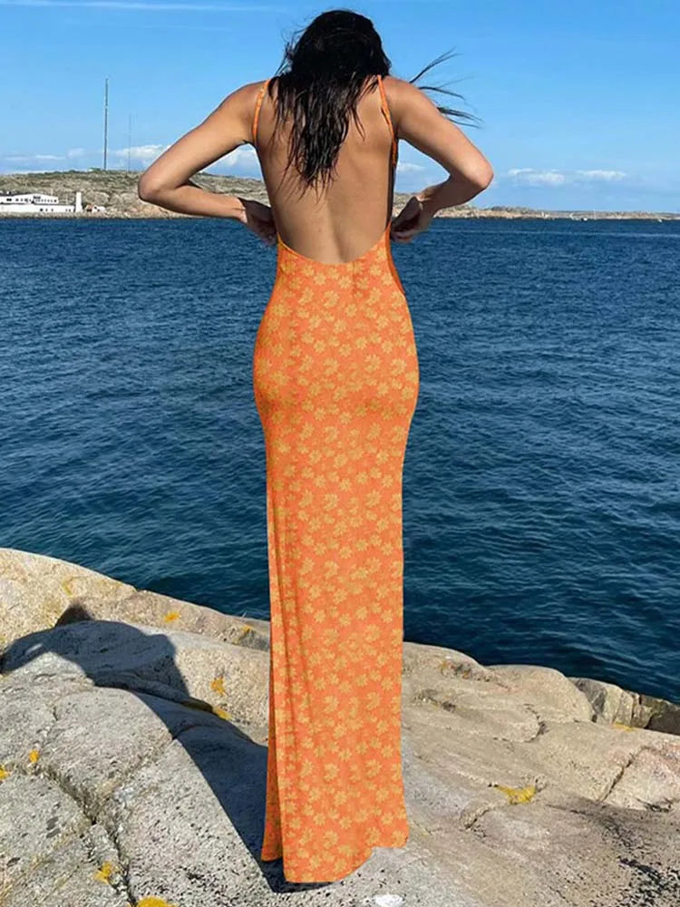 Ditsy Floral Print Spaghetti Strap Open Back Bodycon Maxi Dress