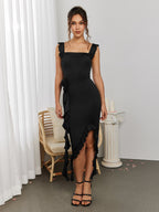 Fly Sleeve Embellished Flower Asymmetrical Hem Dress