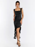 Fly Sleeve Embellished Flower Asymmetrical Hem Dress