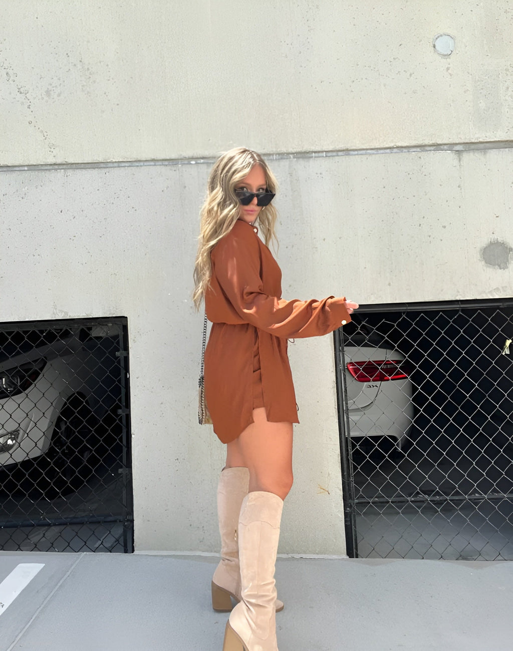 Long Sleeve Button Down Drawstring Waist Shirt Mini Dress
