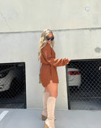 Long Sleeve Button Down Drawstring Waist Shirt Mini Dress