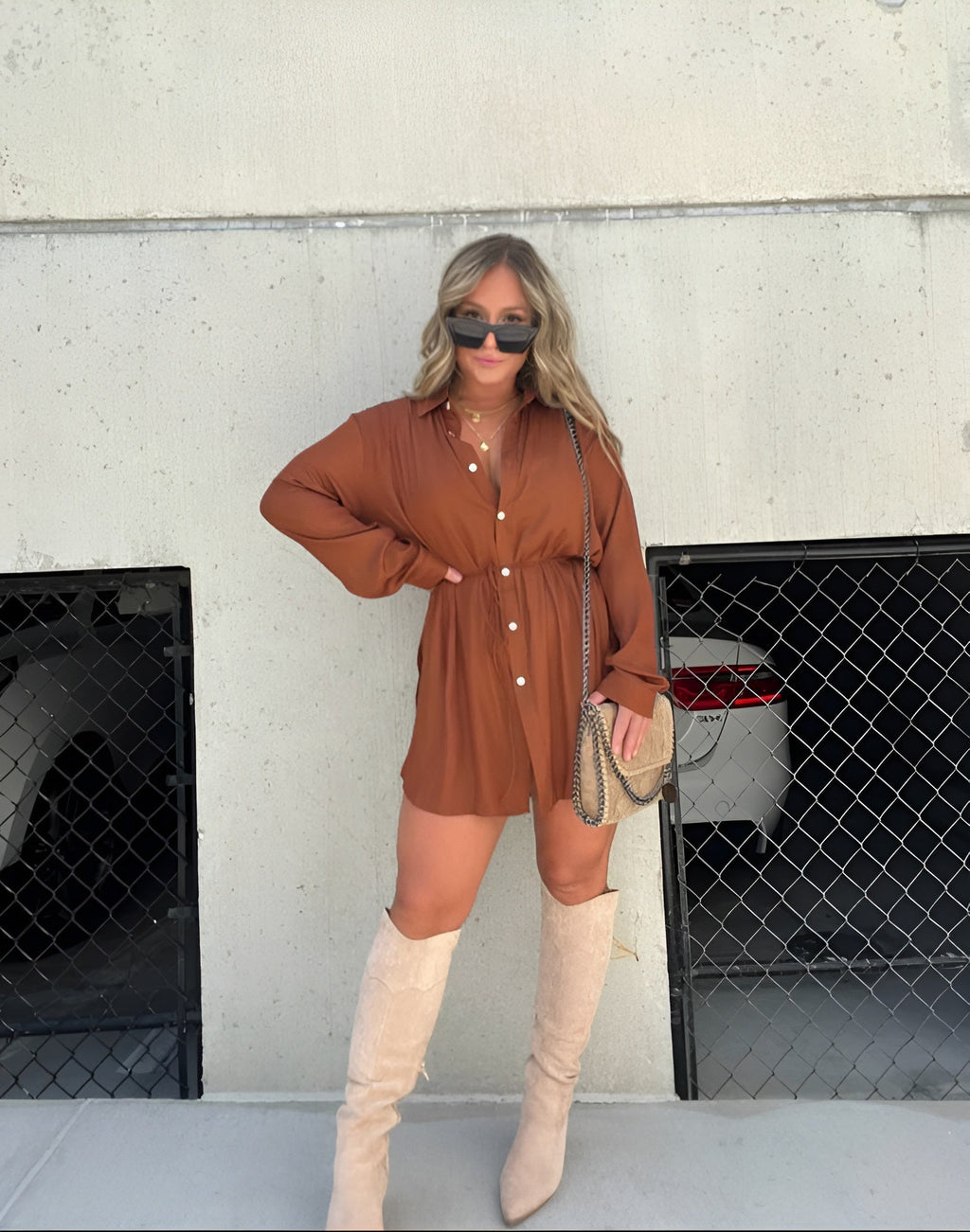 Long Sleeve Button Down Drawstring Waist Shirt Mini Dress