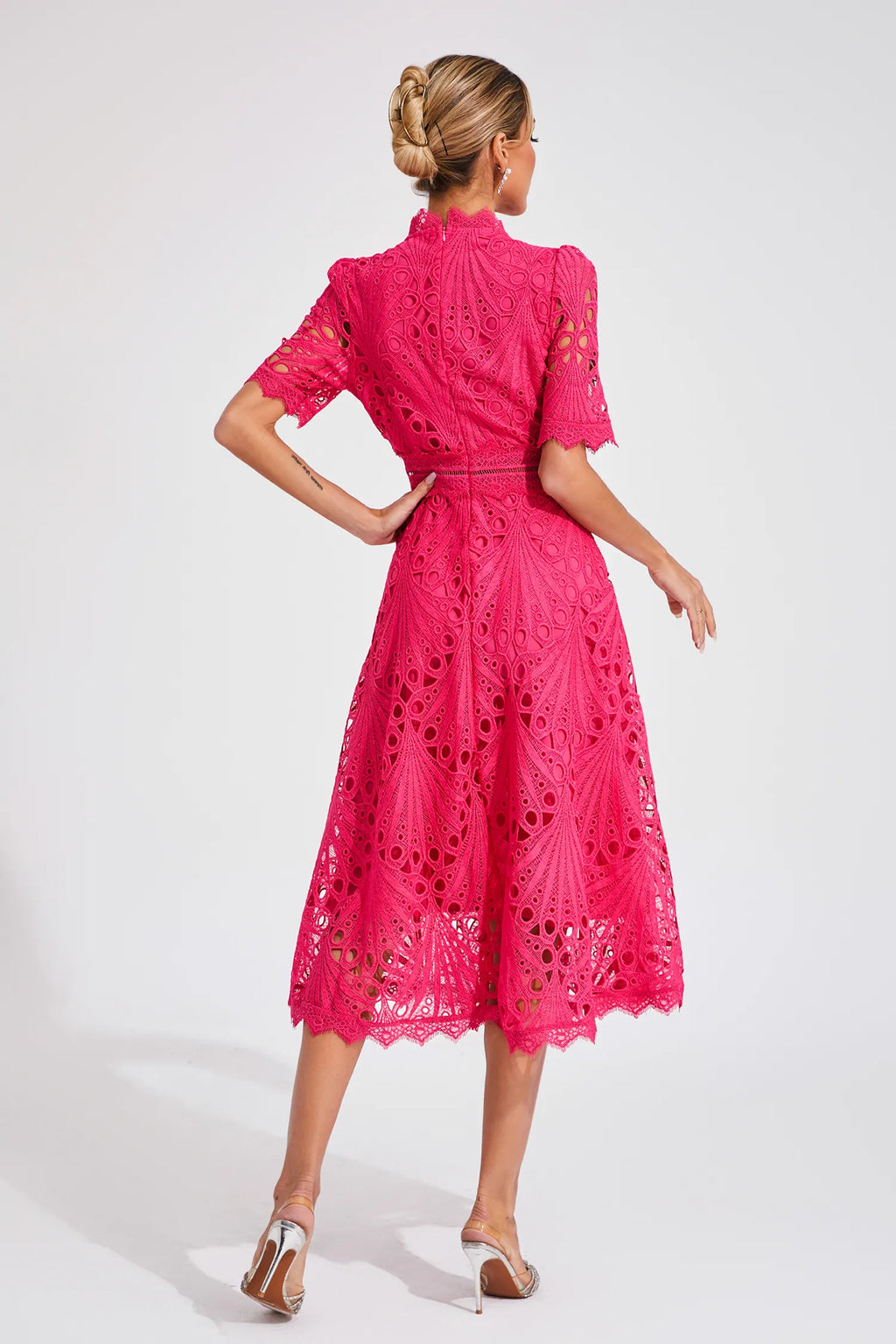 Guipure Lace Mock Neck Puff Sleeve Scalloped Hem A-Line Midi Dress