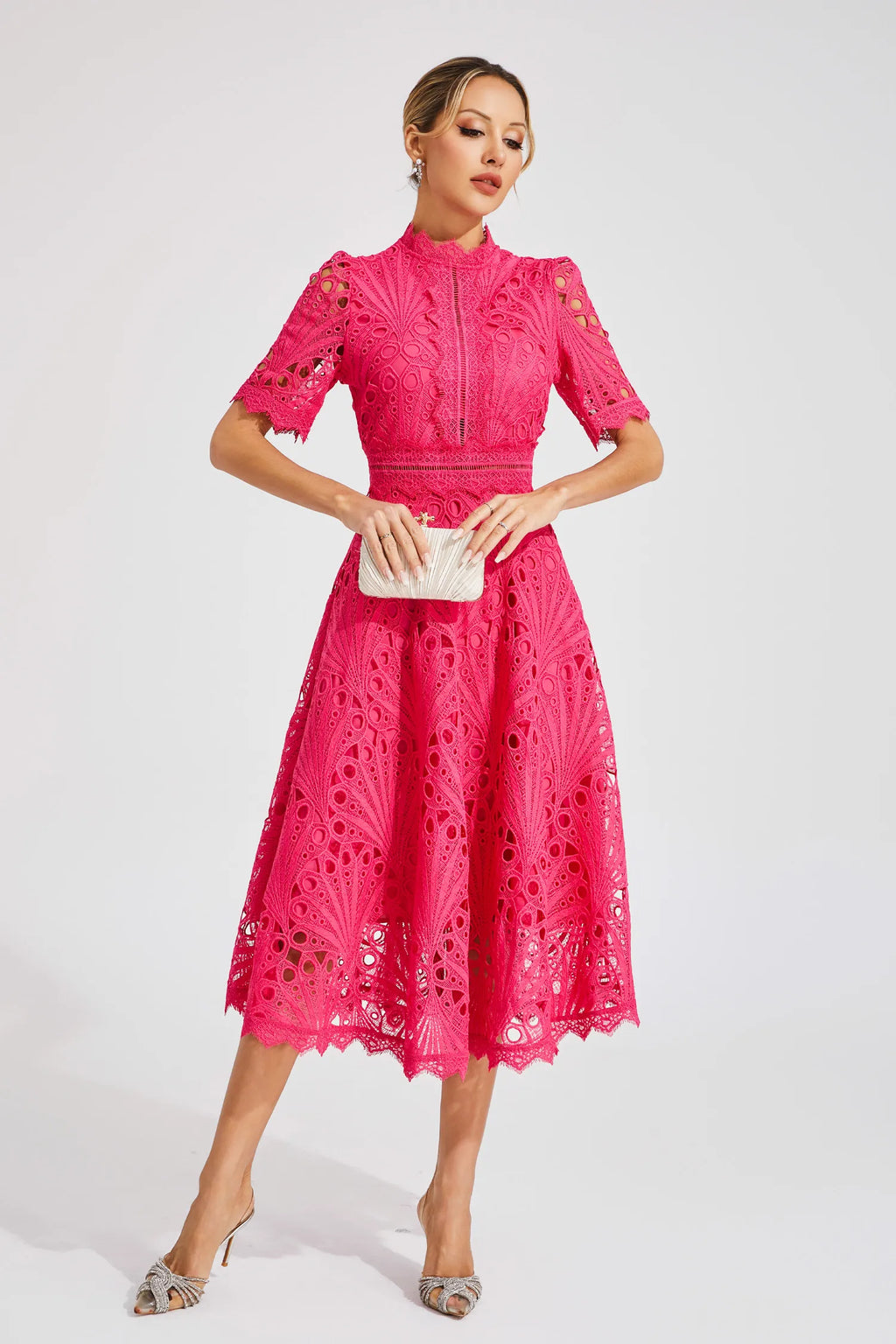 Guipure Lace Mock Neck Puff Sleeve Scalloped Hem A-Line Midi Dress