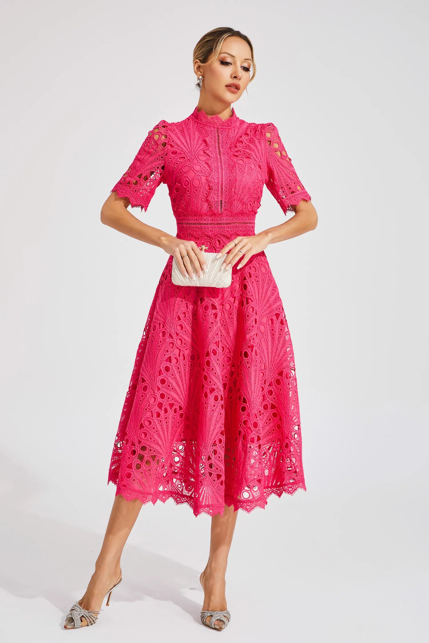Guipure Lace Mock Neck Puff Sleeve Scalloped Hem A-Line Midi Dress