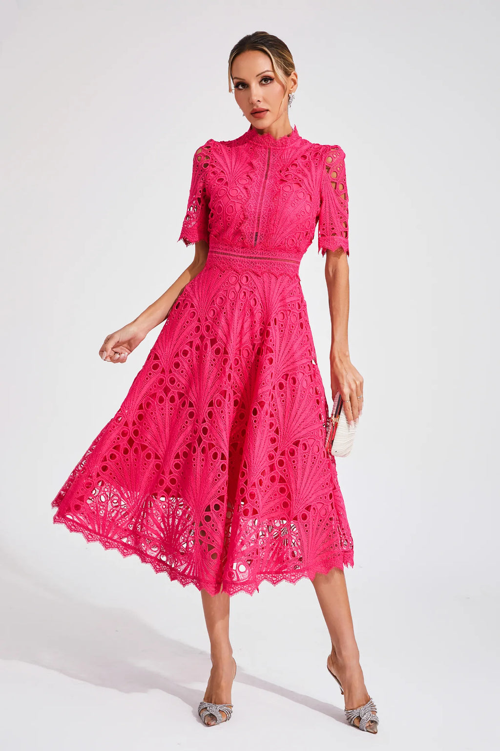 Guipure Lace Mock Neck Puff Sleeve Scalloped Hem A-Line Midi Dress