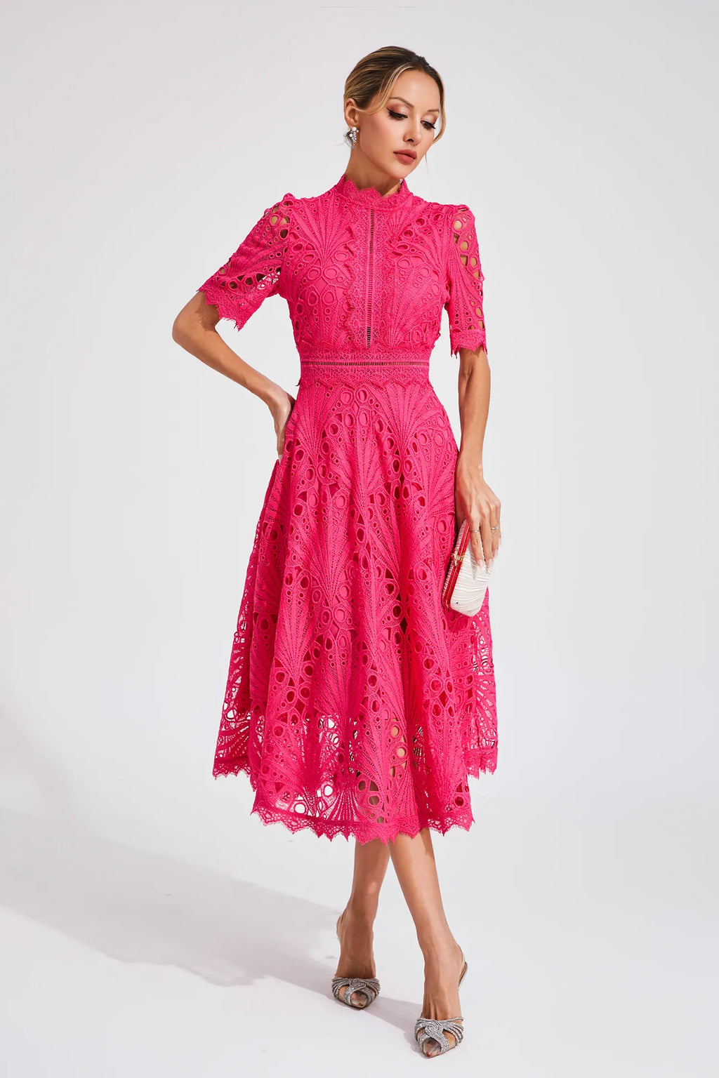 Guipure Lace Mock Neck Puff Sleeve Scalloped Hem A-Line Midi Dress