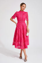 Guipure Lace Mock Neck Puff Sleeve Scalloped Hem A-Line Midi Dress