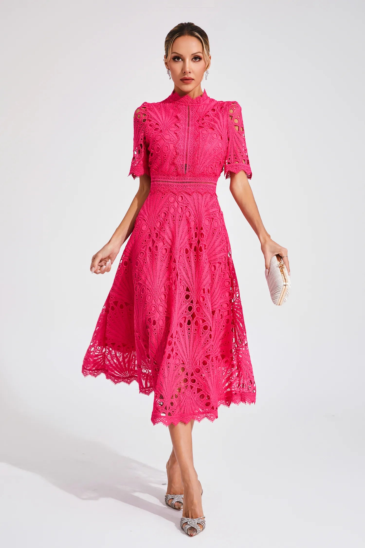 Guipure Lace Mock Neck Puff Sleeve Scalloped Hem A-Line Midi Dress