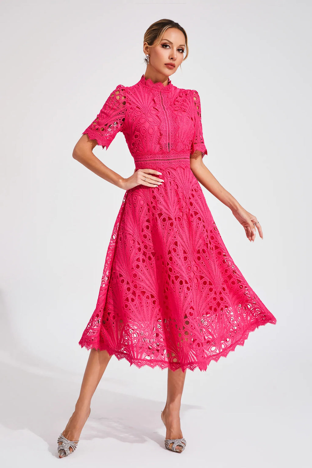 Guipure Lace Mock Neck Puff Sleeve Scalloped Hem A-Line Midi Dress