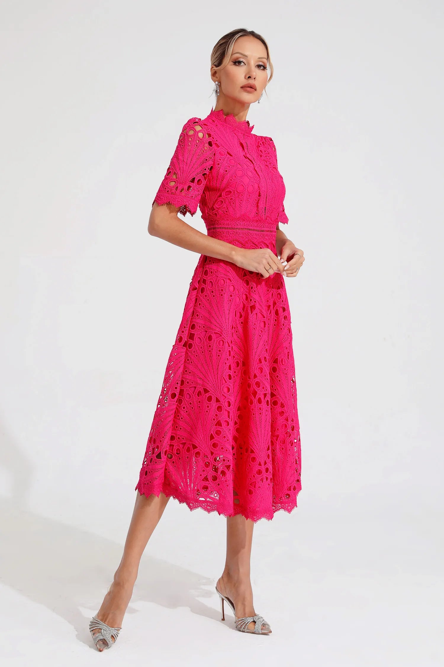 Guipure Lace Mock Neck Puff Sleeve Scalloped Hem A-Line Midi Dress