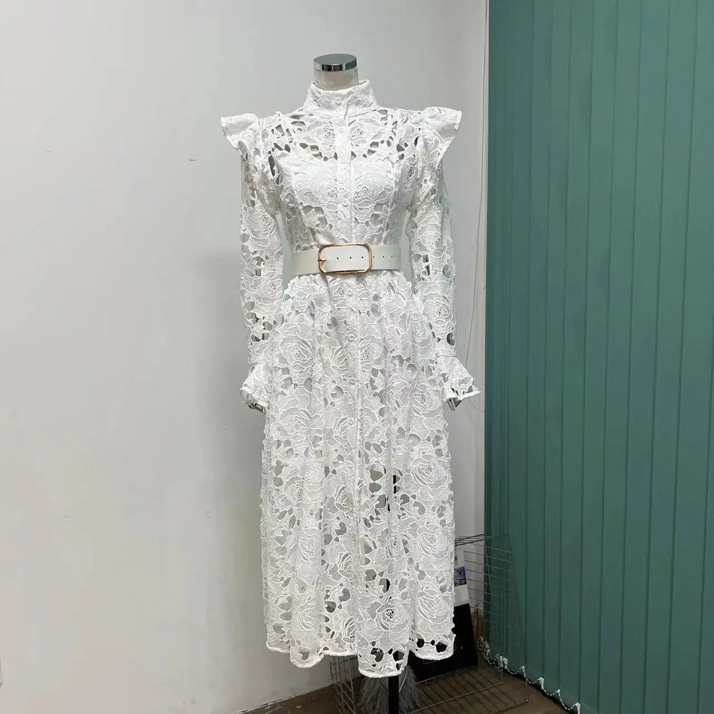 Floral Lace High Neck Button Front Bell Sleeve Belted Midi Shirt Dress