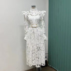 Floral Lace High Neck Button Front Bell Sleeve Belted Midi Shirt Dress