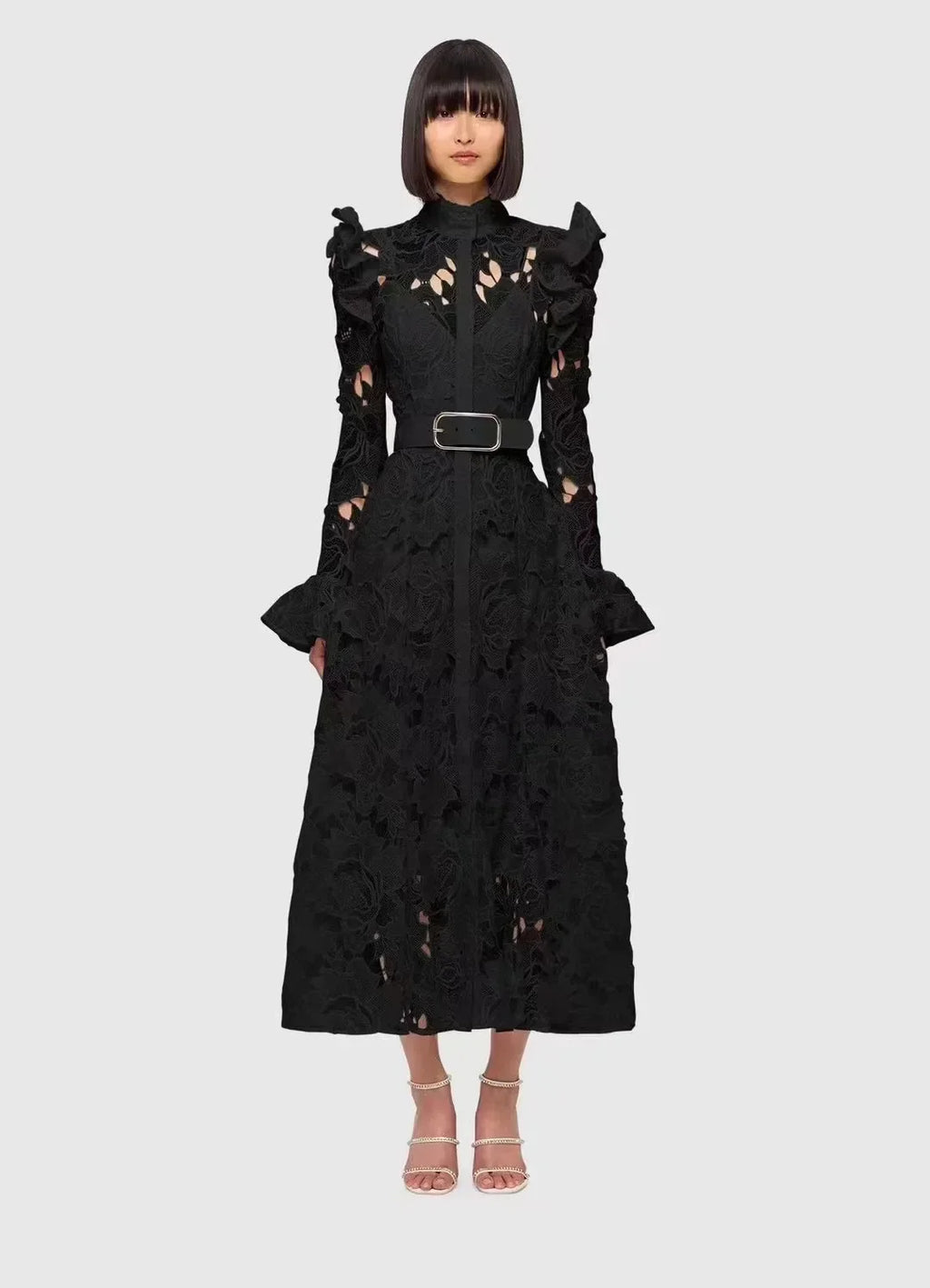 Floral Lace High Neck Button Front Bell Sleeve Belted Midi Shirt Dress