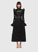 Floral Lace High Neck Button Front Bell Sleeve Belted Midi Shirt Dress