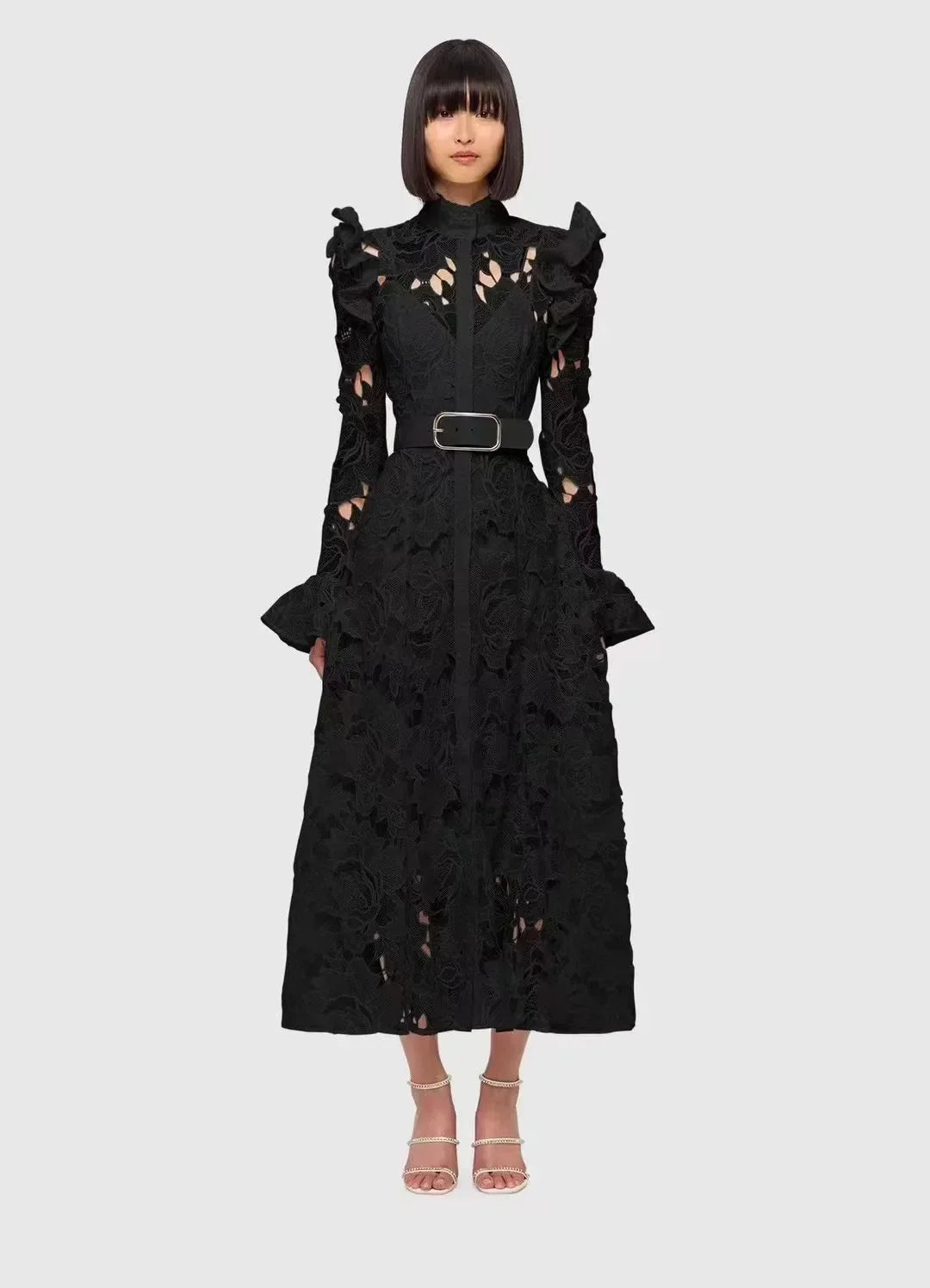 Floral Lace High Neck Button Front Bell Sleeve Belted Midi Shirt Dress