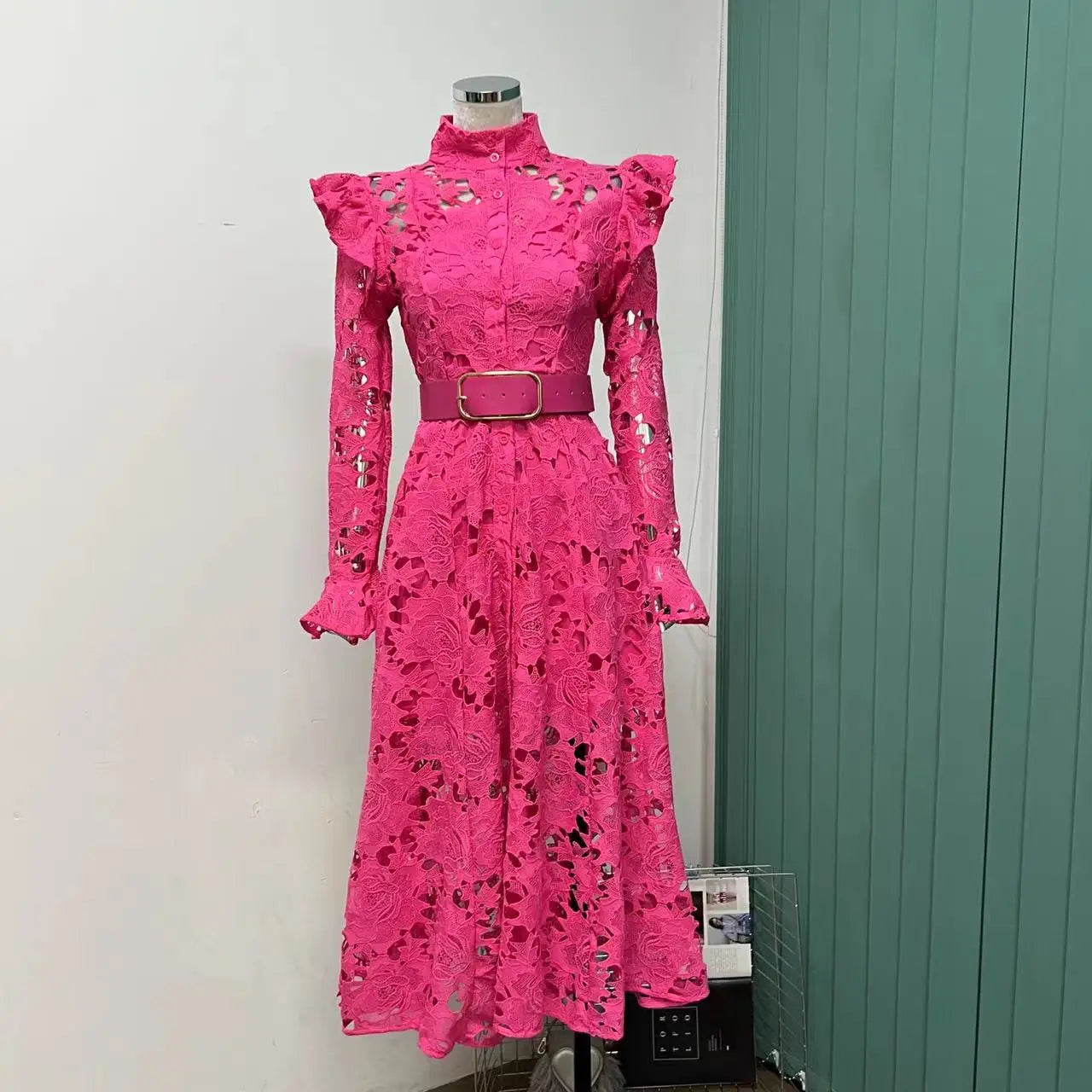 Floral Lace High Neck Button Front Bell Sleeve Belted Midi Shirt Dress