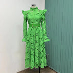 Floral Lace High Neck Button Front Bell Sleeve Belted Midi Shirt Dress
