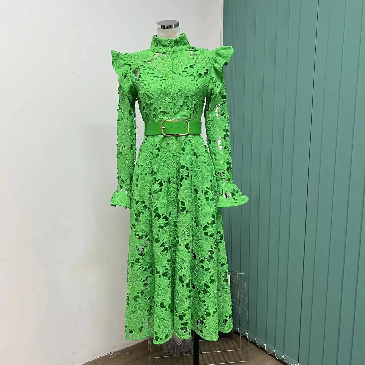 Floral Lace High Neck Button Front Bell Sleeve Belted Midi Shirt Dress
